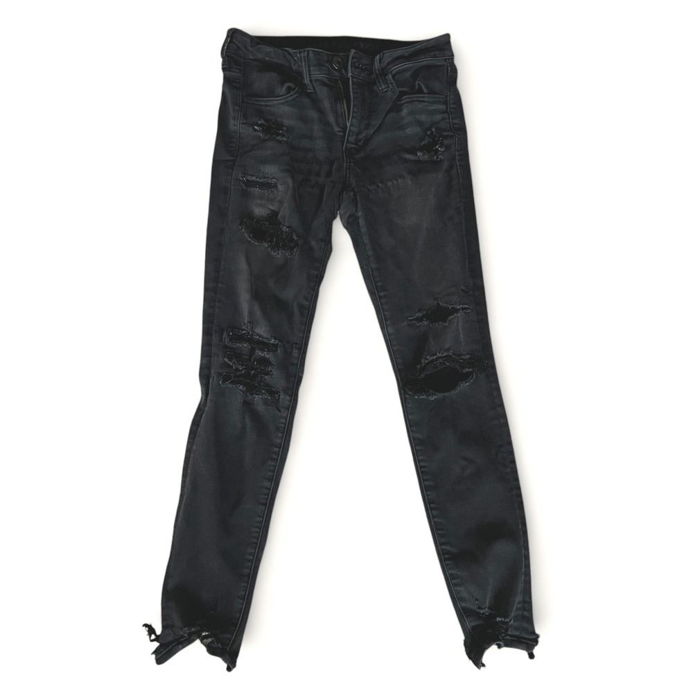 American Eagle Next Level Stretch Skinny Jeans Black Distressed Womens 6 - Picture 1 of 6